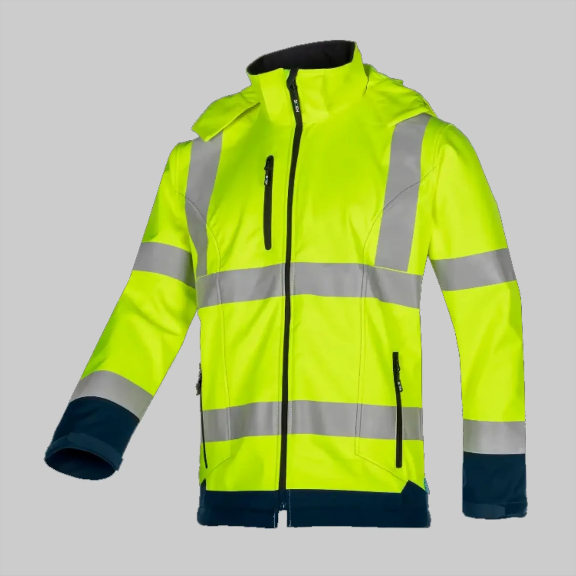 316 9933 SIOEN Fuller Laminierte Warnschutz-Softshelljacke mit abnehmbarer Kapuze (803 leuchtgelb/marine, S)